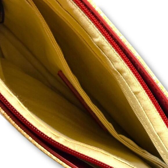 VTG Etienne Aigner Woven Straw & Cranberry Trim Shoulder Bag Wood Sandal Fob - Picture 10 of 14